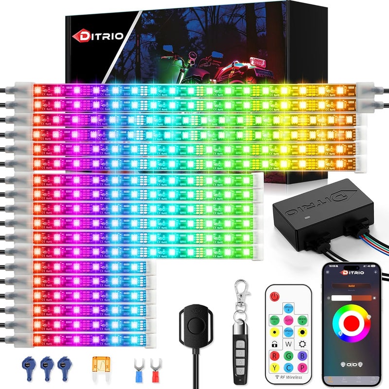 DITRIO 18PCS Motorcycle Led Lights with Brake Turn Signal, Underglow Light Kits with APP/RF Remote Control, Dual Zone,Waterproof,12V Pixelglow Led RGB Lights for Motorcycles, Golf Carts, ATVs, UTVs - Image 1